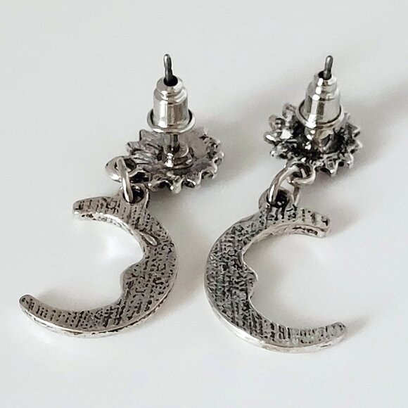 Sun & Moon Celestial Dangle Drop Post Earrings Silver Tone 1.25" Drop - Picture 5 of 5